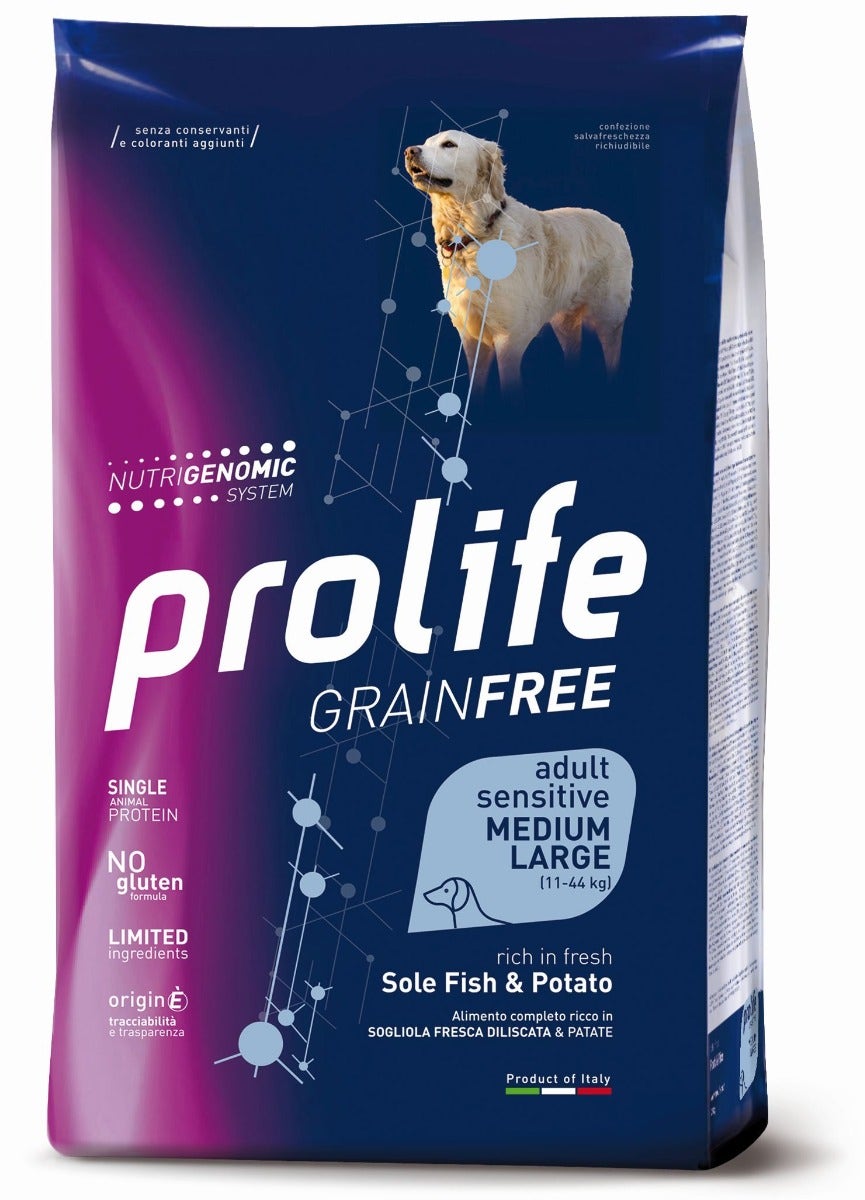 Prolife Dog Grain Free Sensitive Sole Fish & Potato Cibo Secco Per Cani Adulti Taglia Media/Grande Sacco 10 Kg