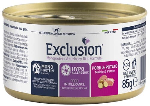 Exclusion Monoprotein Veterinary Diet Formula Pork And Potato Cibo Umido Per Gatti 85g