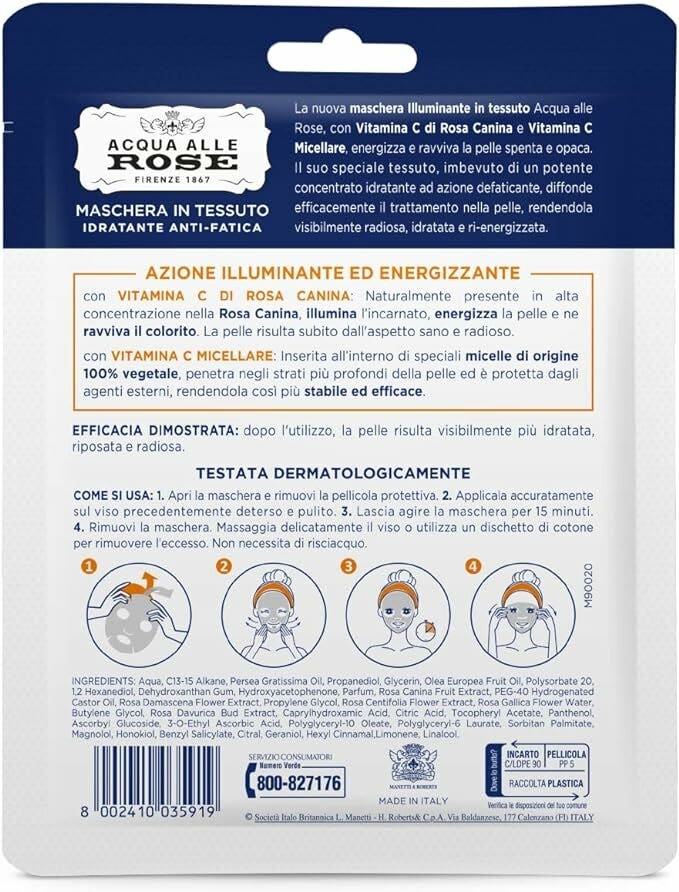 Acqua Alle Rose Maschera In Tessuto Illuminante Idratante Antifatica
