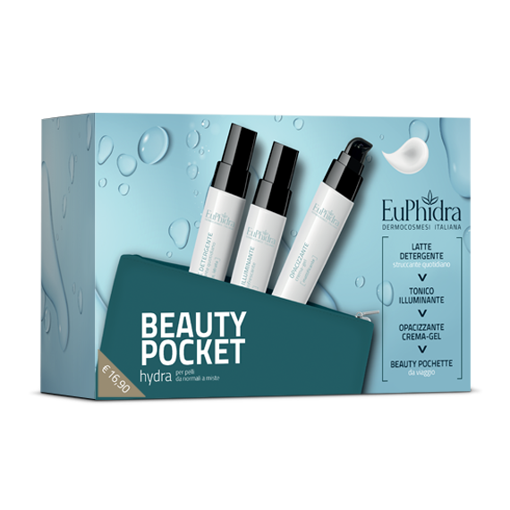 EUPHIDRA BEAUTY POCKET HYDRA - LATTE DETERGENTE STRUCCANTE + TONICO ILLUMINANTE + OPACIZZANTE CREMA GEL MATTIFICANTE + BEAUTY POCHETTE DA VIAGGIO