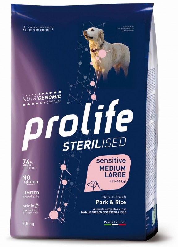 zoodiaco prolife dog sterilised sensitive pork & rice cibo secco per cani adulti sterilizzati taglia media/grande sacco 12 kg
